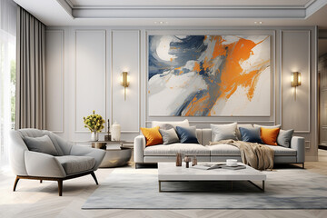 A modern living room interior with abstract art on the wall. The orange and white colour combination
