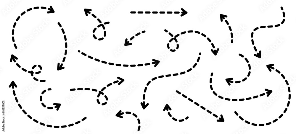 Aufkleber set of black dotted arrows in doodle style. broken arrows in the form of a loop. flow direction. poi