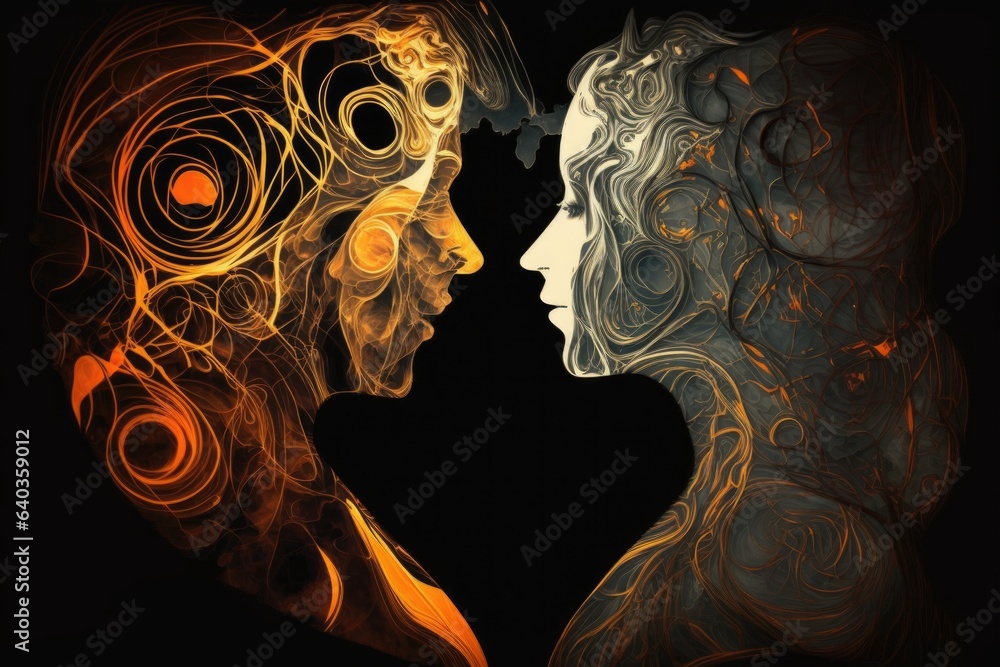 Poster man and woman face combined with abstract fractal pattern