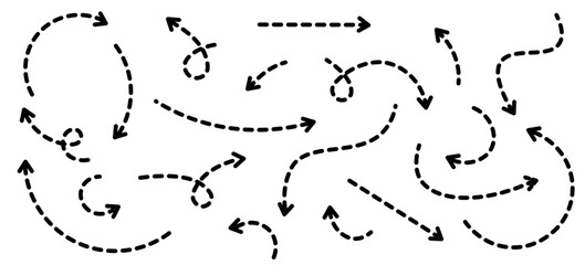 Set of black dotted arrows in doodle style. Broken arrows in the form of a loop. Flow direction. Pointers to the wire, up, down. Curved line. Vector illustration.	