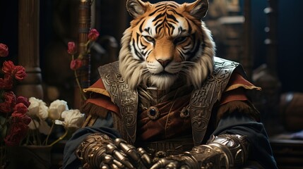 A fantasy tiger from the Middle Ages in knightly armor.Created with Generative Ai technology.