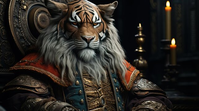 A fantasy tiger from the Middle Ages in knightly armor.Created with Generative Ai technology.