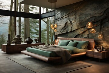 Luxurious Bedroom designer with Elegant Hardwood Floors, LED Lighting, Rich Textures, and Sleek Natural Design
