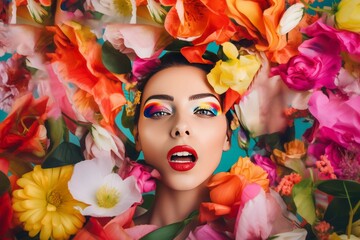 Woman face covered flowers. Generate Ai