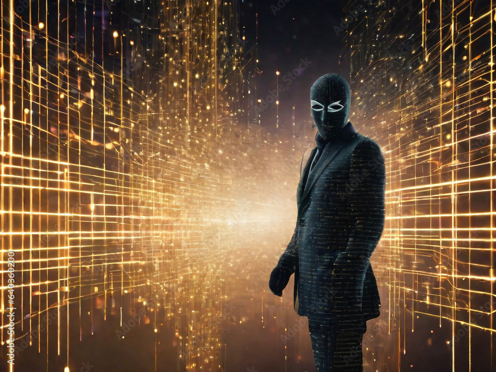 Poster anonymous hacker, surrounded by a network of glowing data. cybersecurity, cybercrime, cyberattack. g