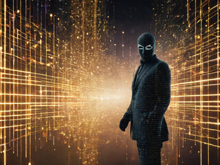Anonymous hacker, surrounded by a network of glowing data. Cybersecurity, Cybercrime, Cyberattack. Generative AI