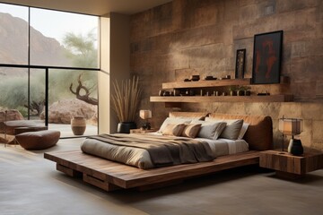 Perfect bedroom with natural elements, plants, wood and hardwood floors. Elegant luxurious bedroom design
