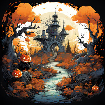 Detailed and lush vector illustration of Halloween celebration of an abandoned castle with ancient trees in t-shirt design. Halloween t-shirt designs that capture the essence of the festive spirit.