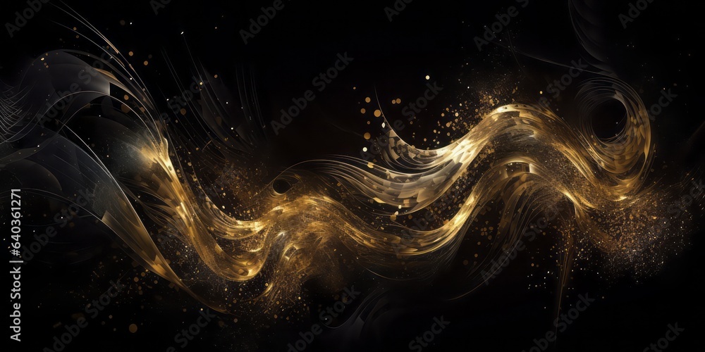 Poster Golden Wave: Glittering Artistry on Black Background. Flickering Light and Tangled Forms