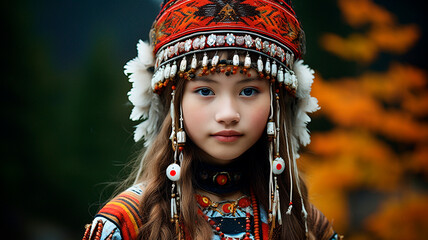 portrait of a beautiful girl in ethnic costumes, professional photo. Generative AI