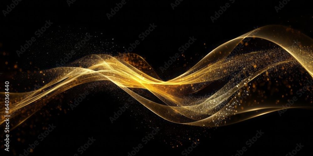 Poster golden wave: glittering artistry on black background. flickering light and tangled forms