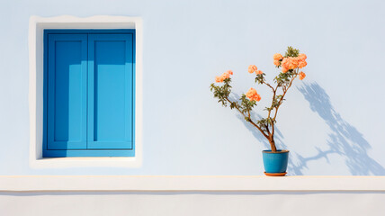 Blue window with flowers against a white wall, minimalist cityscape. quiet oceanfront city. Generative AI