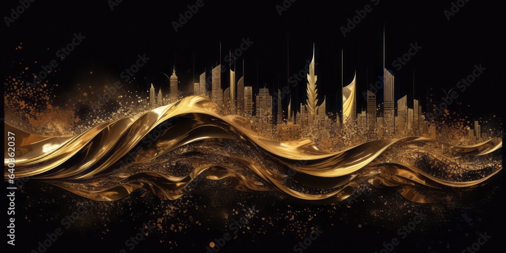Poster golden wave: glittering artistry on black background. flickering light and tangled forms