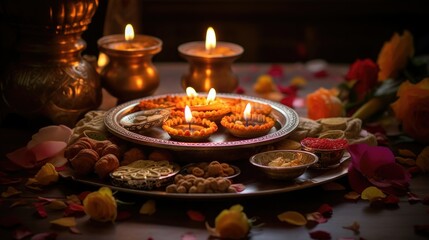 Naklejka premium Shiny diyas with bright burning flame on table decorated with roses petals. Cozy serving for celebrating Hindu holiday. Delicious fresh nuts and sauces for traditional meal in dark room