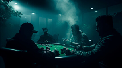 A poker game in progress, smoke and low lighting, players are in suspense, as focused as possible, Generative AI