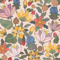 Blooming meadow seamless pattern. Plant background