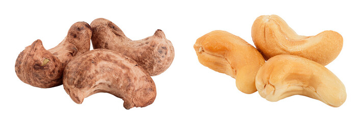 cashew nuts heap with shell isolated on white background