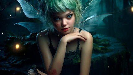 Tinker Bell fairy horror style creepy realistic portrait. Generative AI