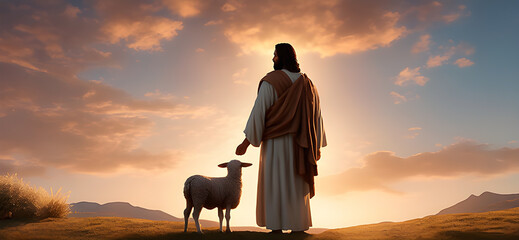 Jesus with a sheep on top of a hill during the sunset. Concept for the love of god. - obrazy, fototapety, plakaty