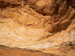 Abstract Rustrel canyon ocher cliffs landscape. Provencal Colorado near Roussillon, Southern France.