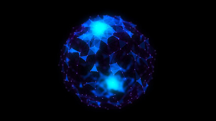 Abstract blue sphere on black background. Wireframe circle structure with glowing particles and lines. Futuristic digital illustration. 3D rendering.