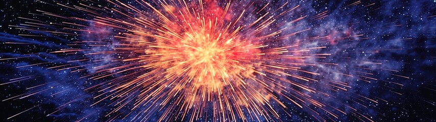 Colorful fireworks for New Year 2024. Pink, red, gold, yellow and blue explosion of light. Party, celebration of a new year. Night sky filled with exploding pyrotechnic.