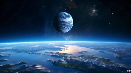 Naklejka na ściany i meble earth in space with another planet above it looking similar to earth itself