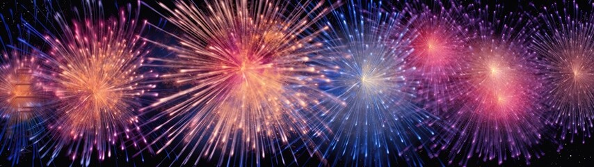 Colorful fireworks for New Year 2024. Pink, red, gold, yellow and blue explosion of light. Party, celebration of a new year. Night sky filled with exploding pyrotechnic.