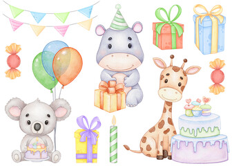 Obraz na płótnie Canvas Watercolor clipart cute animals for birthday party