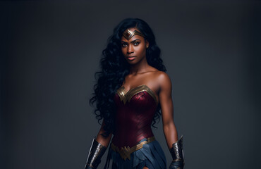Beautiful black woman wearing a powerful amazon warrior costume