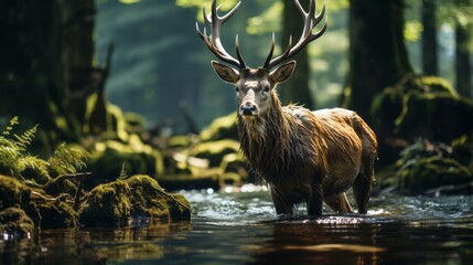 Serene Forest Landscape with Deer by the River. Natural Beauty.