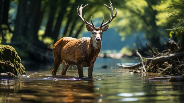 Tranquil Deer Amidst Forest and River. Nature Photography.