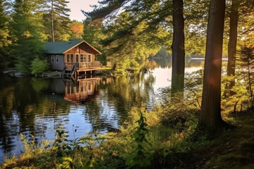 Autumn lake landscape with a wooden house in the forest, Finland