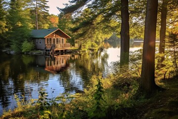 Obraz premium Autumn lake landscape with a wooden house in the forest, Finland