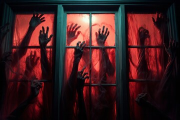 Fototapeta na wymiar Spooky many zombie hands outside the window, red glowing light. Halloween or horror movie concept.