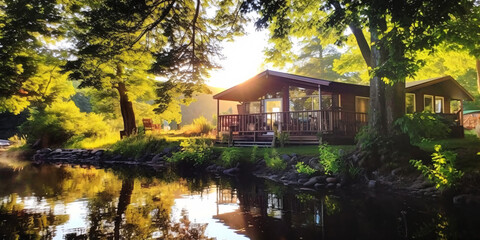 Fototapeta premium Wooden house on the bank of the river in the forest.
