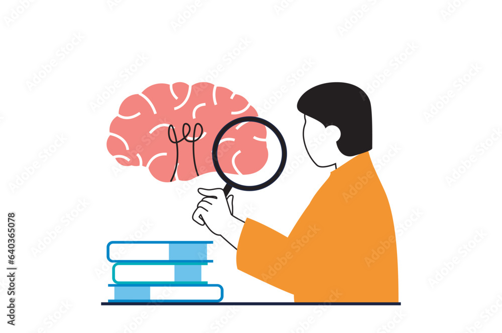 Fototapete Brainstorming concept with people scene in flat web design. Man researching books for finding information and project development. Vector illustration for social media banner, marketing material.