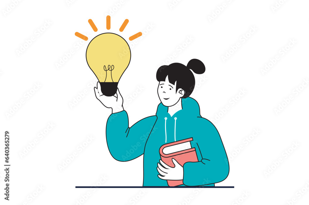 Poster brainstorming concept with people scene in flat web design. woman with light bulb reading books for 