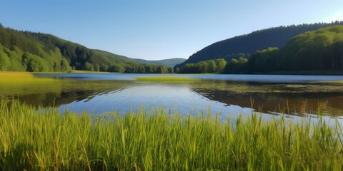 Fototapeta na wymiar Lake with Green Reeds Amidst Serene Green Hills. Forested Tranquility Paints a Summer SceneCreating a Captivating Natural Wonderland