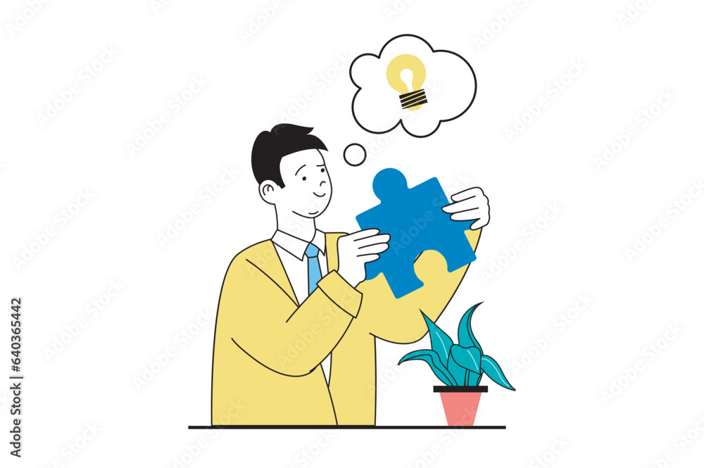 Poster brainstorming concept with people scene in flat web design. man solving puzzle, thinking and inspiri