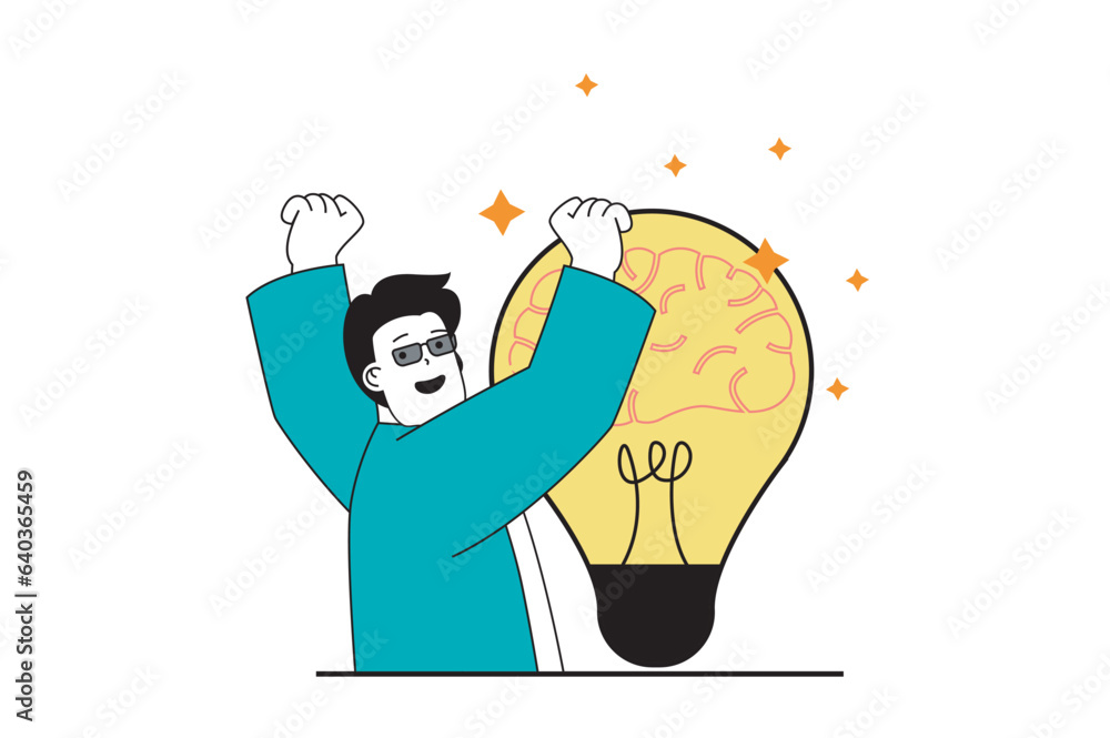 Poster brainstorming concept with people scene in flat web design. man thinking and getting inspiration, ge