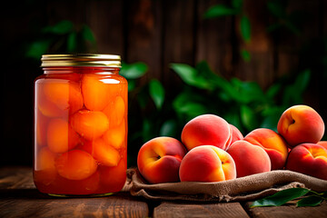 canned peaches. Jar with canned peaches and fresh peaches on a wooden table
