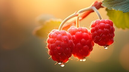 Fototapeta premium Close up raspberry berries plant. Organic blurred summer background with sunlight and copy space.