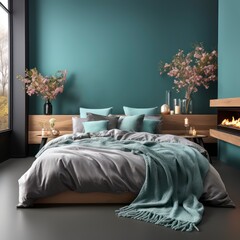 Cozy bedroom with turquoise walls, bedside table, vase with flowers, candles, grey accents.