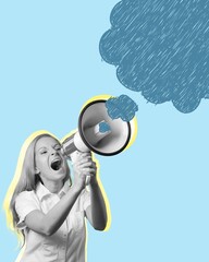 Creative collage of lady with megaphone and fake information