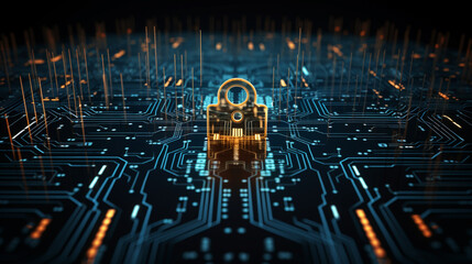 Digital Fortress: Cybersecurity Circuitry Intersecting with Quantum Encryption for Ultimate Data Privacy – 3D Render