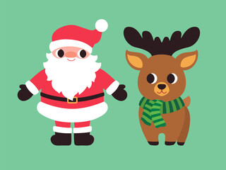 Christmas reindeer and Santa Slaus cartoon vector illustration flat design. Funny children characters for Xmas winter projects. Cute santa and quirky deer. Retro cartoon style.