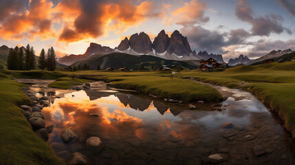 Beautiful landscape with high river and red sunlight in sunrise. Created with Generative AI