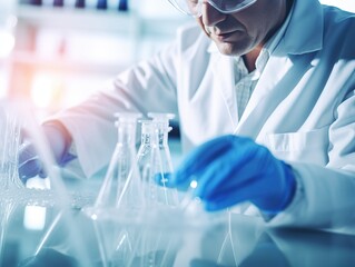 The hands of the laboratory technician - the chemist performing the experiments. Antiviral hypothesis and preparation of bacterial cultures