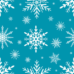 Fototapeta na wymiar Snowflakes seamless pattern on blue background. Hand drawn falling snowflakes repeat texture for print. Minimal design for holiday new year and winter season. Christmas background. Vector